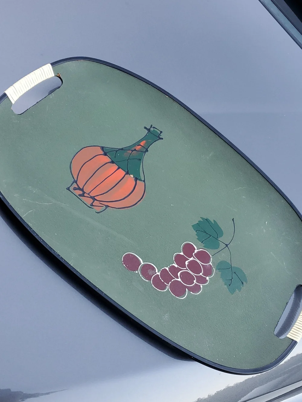 MCM 60s - 70s Vintage Japan Bar Serving Tray Handles Wine Bottle Grapes -Art 18